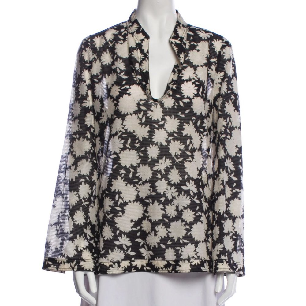 TORY BURCH Floral Print V-Neck Tunic Blouse Shirt Black Cream Flowy Size M Boho